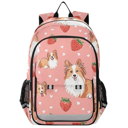 Shetland Sheepdog Strawberry Dogs Pattern Backpack for Boys Girls Elementary School Bag Kids Bookbag Travel Rucksack With Reflective Stripes