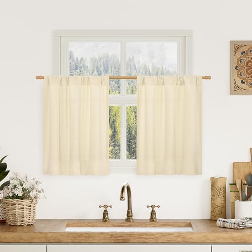 Image of LAMIT Beige Short Curtains 24 Inches Long for Kitchen Window 2 Panels