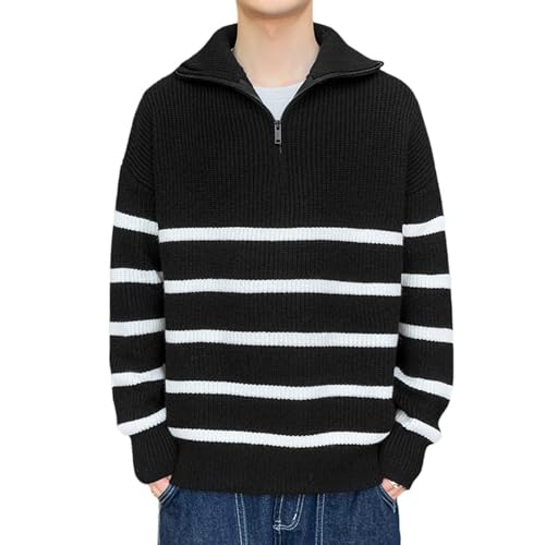 Men's Sweaters Quarter Zip Striped Knitted Pullover Mock Neck Fashion Thermal Polo Sweaters