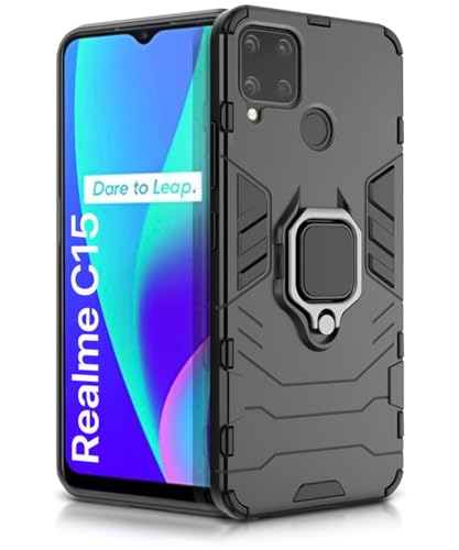 Image of WOW IMAGINE Shock Proof Back Case Mobile Cover for Realme C15 (Tough Armor | Hybrid PC + TPU | Full Protection with Ring Holder & in-Built Kickstand | Black)
