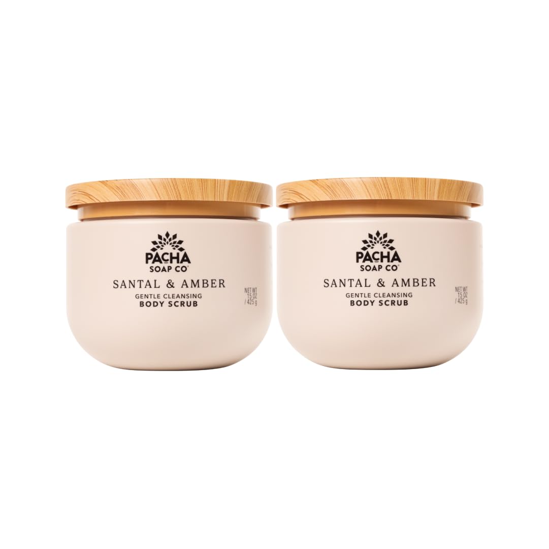 Pacha Soap Co. Whipped Cleansing Scrub, Amber & Santal - Premium, Handcrafted, Exfoliating Soap Scrub with Pumice for Face & Body, Soothing Essential Oils, Clean Ingredients 2-Pack (15 oz Each)