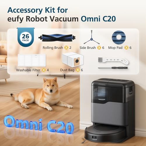 Image of C20 Omni Replacement Parts for eufy Omni C20 Robot Vacuum | 26 Pack Accessories Include: 2* Main Rolling Brush, 4* Washable Filter, 6* Side Brush, 6* Dust Bag, 6* Mop Pad, 2 Tools