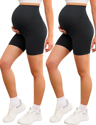 VALANDY Creamlush Maternity Biker Shorts 5- Over The Belly Soft Comfy Pregnancy Shorts Yoga Lounge Activewear