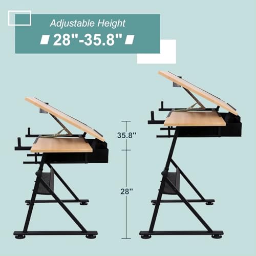 Wood Drafting Table & Stool Set Artist Desk, 0°-45° Tilted Tabletop, ?26.8