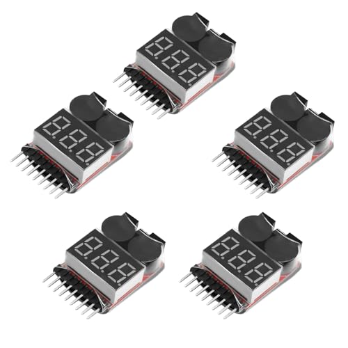 【Tester batteria lipo】 Tester allarme monitoraggio batteria, modalità allarme a bassa tensione: 1S-8S, intervallo di allarme: OFF-2,5 – 3,8, precisione di rilevamento della tensione: +/- 0,01 V.