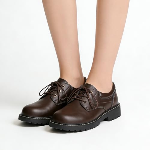 Image of Black Women's Oxford Shoes, Non Slip Work Office Dressy Brogue Shoes | Classic Smooth Leather Lace Up Oxford Brogues, Lightweight Comfort Platform Uniform Shoes for Business School Daily Wear
