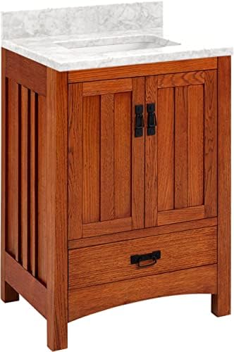 Signature Hardware 484176 Maybeck 24" Free Standing Single Basin Vanity Set with Cabinet and Quartz Vanity Top - Tinted Oak/Carrara Marble