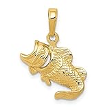 10k Yellow Gold Bass Fish Pendant with Fin and Scale Detail, Realistic Largemouth Design, Fishing Charm for Men or Unisex, Gold Angler Jewelry, Sport Necklace for Outdoorsman or Hobbyist