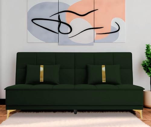 Image of Adorn India Premium New Alyssum 3 Seater Sofa Cum Bed 4X6 Velvet Suede with 2 Cushions (Color Green) and Suitable for All Indoor, with 3 Years Warranty