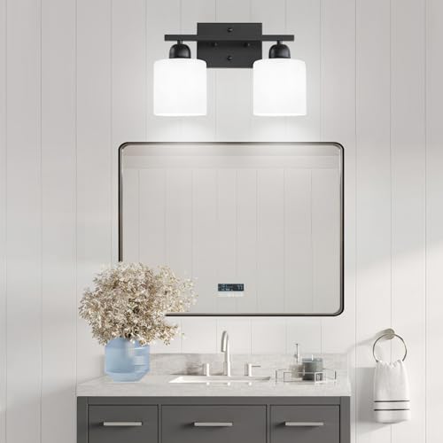 Image of Bath Vanity Lights for Mirror, Restroom Lights Fixtures with Milky White Frosted Glass Shades,Bathroom Over Sink Light Fixtures (Black & Milky White Glass, 2-Light)
