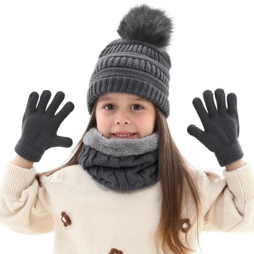 Image of Kids Winter Beanie Hat Scarf Gloves Set for 3-8 Years Old Boys Girls, Thick Warm Knitted Hat Gloves Fleece Lined Scarf Set