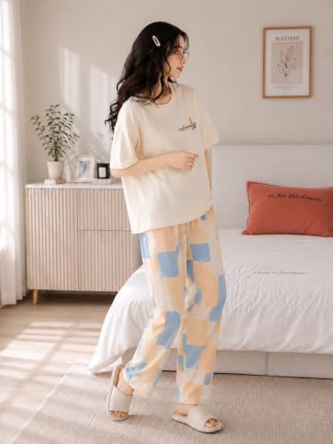 Image of Women's Korean Style Looper Fabric Nightsuit Set | Cute Print Half Sleeve T-Shirt & Pajama Set | Soft Comfortable Nightwear & Loungewear for Women