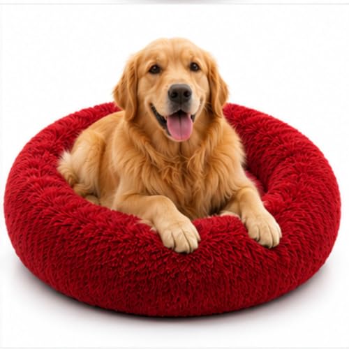 Image of Dog Bed for Dogs & Cats, Fluffy Round Donut Pet Bed, Ultra Soft Faux Fur Pet Nest, Raised Edge Comfort Support, Reversible Double-Sided Use, Washable Sleeping Cushion, Red, Small