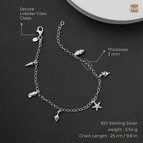 Image of Amberta Women 925 Sterling Silver Anklet with Charms: Ankle Bracelet with Marine Shells - 25 cm