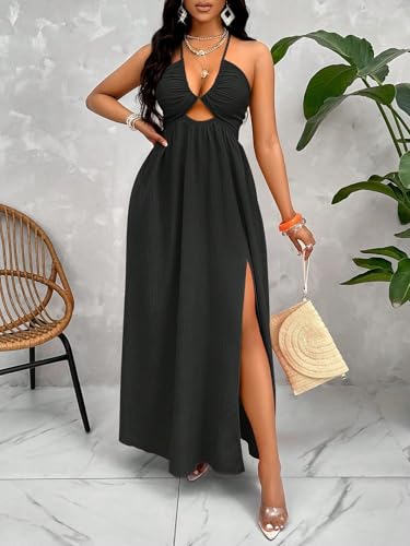 Womens Summer Maxi Dress Sexy Tie Backless Criss Cross Halter Neck Sleeveless Split Dress for Women4