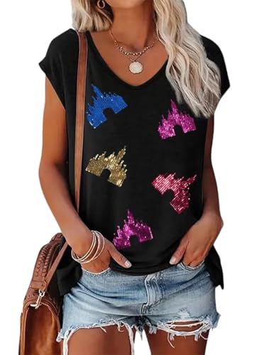 Sequin Magic Kingdom Tank Tops Castle Shirts for Women Colorful Castle Tank Tees Funny Vacation Trip Casual Vests