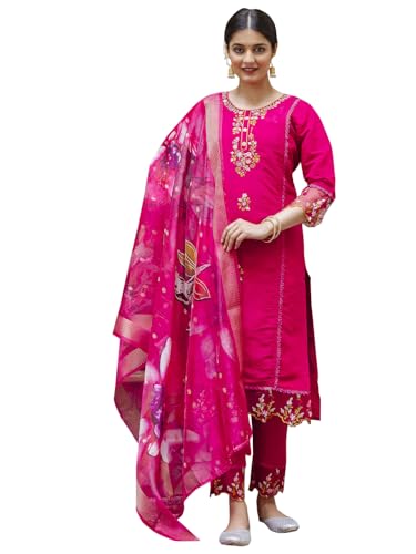Image of VredeVogel Kurta Set with Dupatta | Viscose Roman Silk Embroidered Kurta Set for Women | Women's Ethnic Casual Kurti Set |Kurta Pant Festive Suit