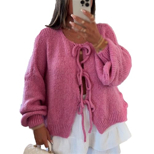 Image of Women Knitted Tie Front Cardigan Tops Casual Knitwear Top Long Sleeve Open Front Baggy Sweater Y2k Girls Outwear