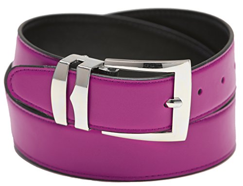 Men's Belt Reversible Wide Bonded Leather Silver-Tone Buckle HOT PINK/Black