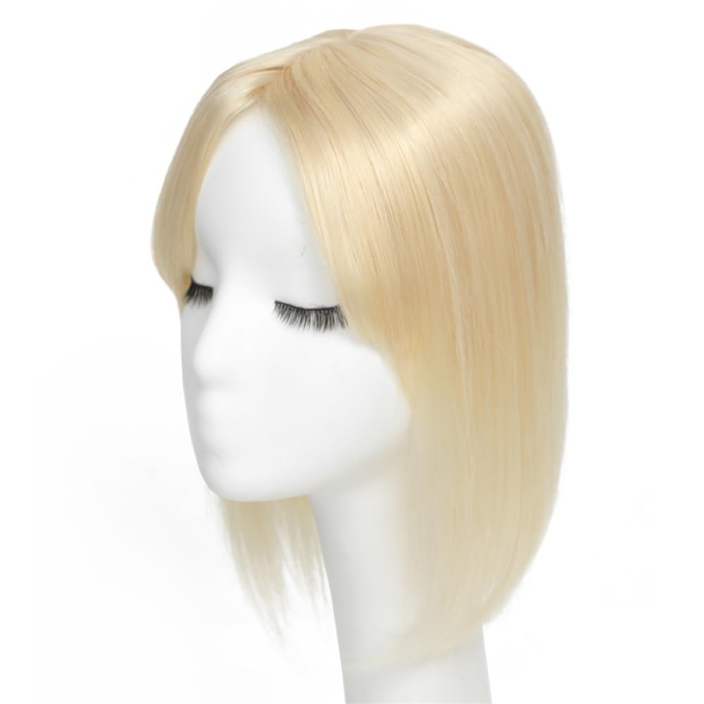 Topper for capelli umani con clip for donna, toupet con base in pizzo 12x13 cm con frangia(10 inch,Blonde)