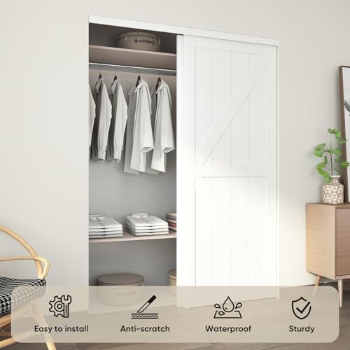 JUBEST 60"(Double 31") x80" Sliding Closet Door, K Style Bypass Closet Door with Hardware Kit & Matching Fascia, Preassembled Solid Wood Slab with Water-Proof PVC Surface, Easy to Install, White - Image 3