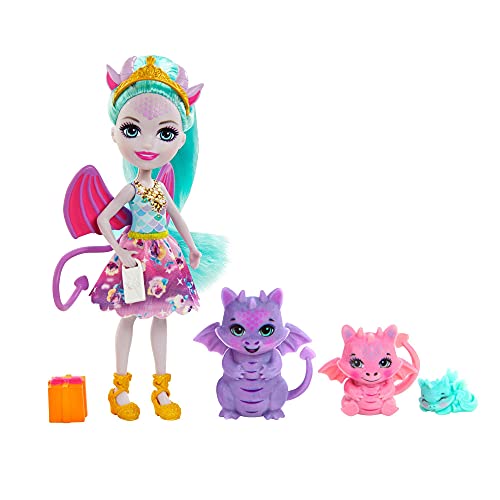 Enchantimals GYJ09 - Deanna Dragon Familie Spielset, Puppe (15,2 cm) mit 3 Drachenfiguren und 4 Zubehörteilen, aus der Royals Kollektion, tolles Geschenk für Kinder von 3 bis 8 Jahren