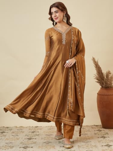 Image of MOKOSH Women's Silk Embroidery Anarkali Kurta Pant with Dupatta | Anarkali Kurta Set |Ethnic Kurta Set for Women |Floral Kurta 7 Colour Options Available |3 Piece Outfit