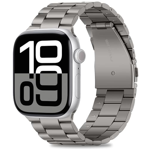 Image of HITZEE Compatible with Apple Watch Band 46 /45 /44 /42mm Business Stainless Steel Metal Strap Men Women Link Bands Compatible for iWatch SE3-1 Series 11 10 9 8 7 6 5-1, 42 /44 /45 /46mm Titanium