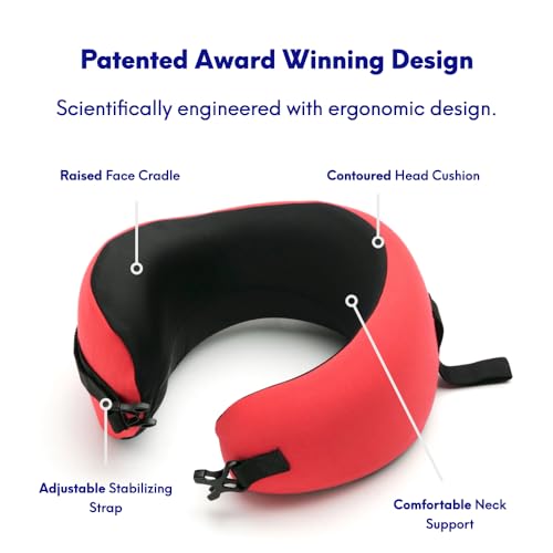 Image of C CUSHION LAB Travel Pillow, Award-Winning Patented Ergonomic Design for Chin & Neck Support Memory Foam Neck Pillow, Compact Airplane Pillow for Traveling, Flight, Car (Bold Red, Medium)