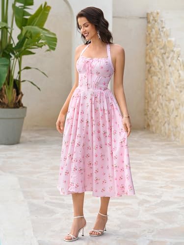 KUTUMAI Summer Floral Corset Midi Dress Halter Smocked Sundress Flowy A Line Beach Wedding Guest Dresses for Women 20254