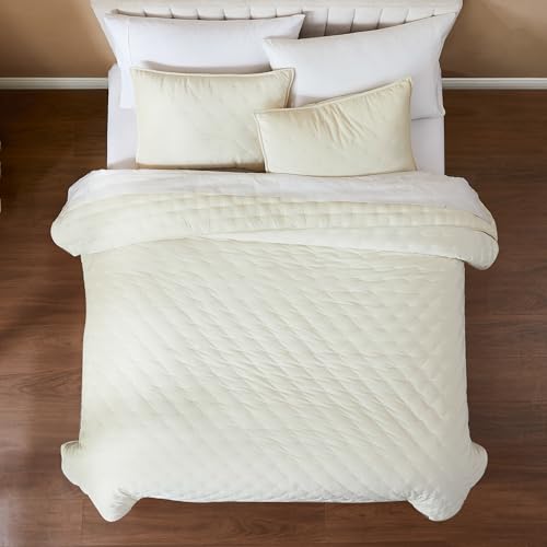 Image of Lush Decor - Quilt Set, 3-Piece Cozy Velvet Bedding with Matching Shams, Embroidered Stitch Design (Haven Cream, Full /Queen)