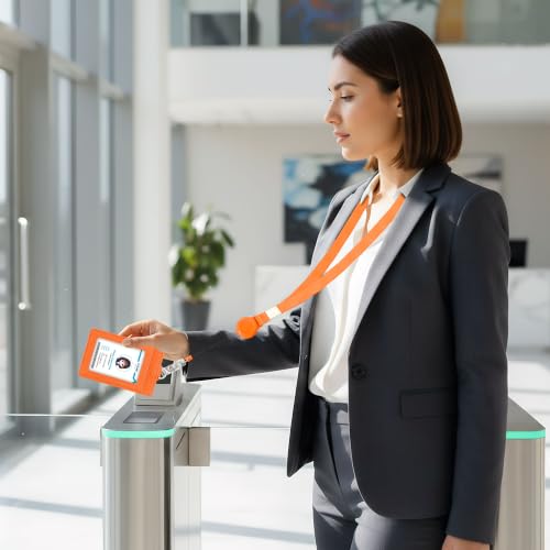 Image of Conisy ID Badge Holder with Retractable Lanyard, Vertical PU Leather ID Badge Card Holder with 2 Card Slots for Women Men (ID Badge Holder Orange)