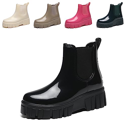 Crepuscute Women's Waterproof Platform High Top Rain Boots - Lightweight Garden Chelsea Ankle Boots With Comfortable Soft Insole for Outdoor