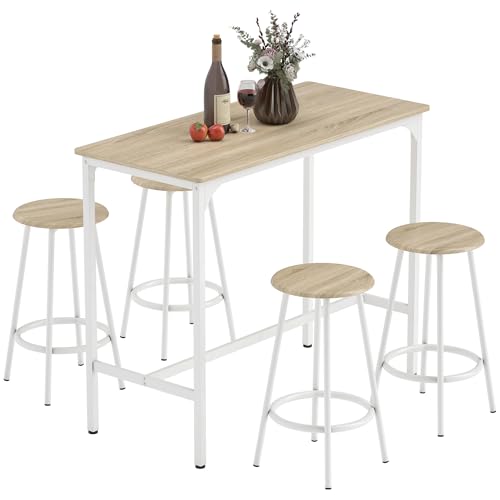 HOMCOM Conjunto Mesa Alta de Cocina con 4 Taburetes, Mesa de Bar Alta, Ahorro de Espacio, para Pisos Pequeños, Comedor, Balcón o Isla Cocina 110x50x89,5 cm, Natural y Blanco