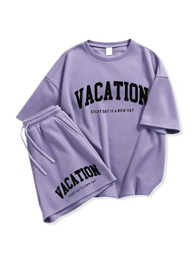 Image of Size 6-12 Years Girl's Tracksuit Sets 2 Piece Outfits Letter Print Vacation Tee Top and Drawstring Waist Shorts