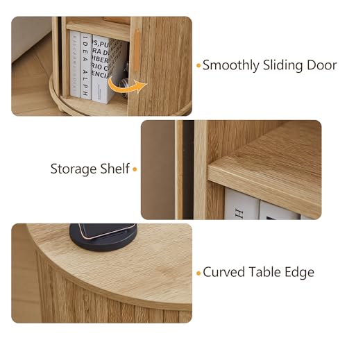 Image of 18 Inch Mid-Century Fluted Nightstand Set of 2, Farmhouse Round End Table with Charging Station & Sliding Door, Bohemia Wooden Bedside Table with Storage for Living Room, Bedroom (18 inch, Natural)