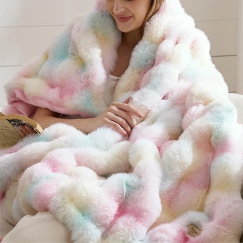 Image of Bedsure Fluffy Bubble Faux Fur Throw Blanket, 50 inchx60 inch, Tie-dye Rainbow