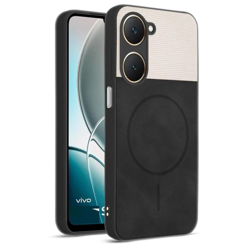 Image of Bintage case Dual-Leather Macc-Safe Design Phone Case| Soft Touch Finish | Full Camera Protectection Back Cover Compatible for Vivo V2351 / Y28s / Y28e / T3 Lite - White & Black