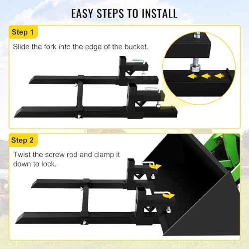 Pallet Forks 42.9\" 4000 Lbs Max, Clamp On Tractor Bucket Forks with Adjustable Stabilizer Bar, Heavy Duty Front Loader Forks 58.7\" Total Length, Fork Attachment for Skid Steer, Loader Bucket