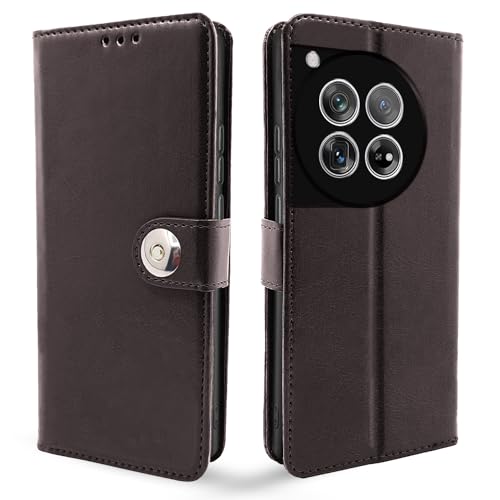 Image of Pikkme OnePlus 12 5G Flip Cover Leather Finish | Inside TPU with Card Pockets | Wallet Stand and Shock Proof | Complete Protection Button Flip Case (Coffee)