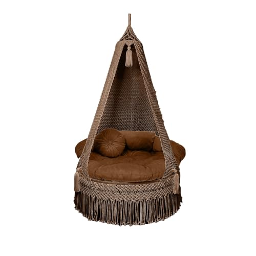 Image of Macrame Hanging Chair Swing with Cushion | Handmade Boho Hammock Chair for Adults & Kids | Indoor Outdoor for Balcony, Living Room, Bedroom, Patio & Garden (Brown)