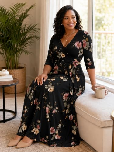 Image of SUZONANA Plus Size Dresses for Women Floral Print Maxi Dress Flowy 3 /4 Sleeve with Belt