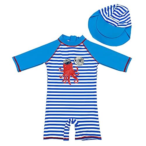 Playshoes Jungen UV-Schutz Einteiler Ahoi 461131, 3 - Jeansblau, 98-104 9 G-Kids Kinder Jungen Badeanzug Bademode Einteiler UPF 50+ UV Schützend Schwimmanzug mit Sonnenhut,Blau/Weiss,120-130 (Etikette 8)