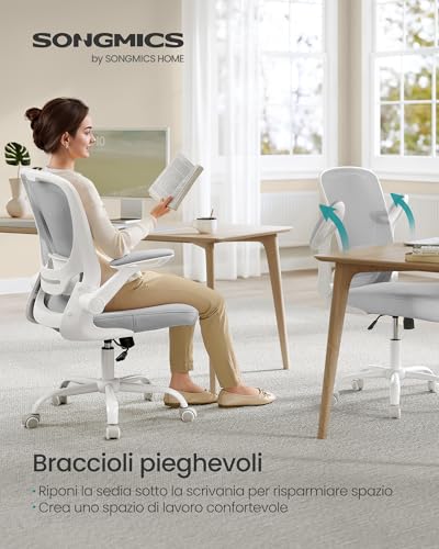 SONGMICS Sedia da Ufficio Girevole, Sedia di Rete da Computer Ergonomica, Supporto Lombare, Oscillante, Seduta 53 cm, Braccioli Pieghevoli, Grigio Tortora OBN037G02 - Immagine 2
