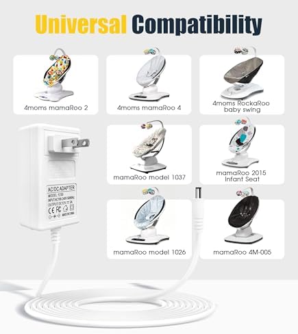 Ermorgen 10ft Power Cord for 4moms mamaRoo 4/2, 12V 3A Charger for RockaRoo Baby Swing, mamaRoo 2015 Infant Seat/Model 1037, 1026, 4M-005 3m Charging Cable, AC Adapter - 1