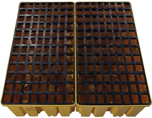 Image of Eagle High Capacity 4 Drum Spill Containment Pallet with Drain and Forklift Pockets, 52.5 inchx51 inchx13.75 inch, 132 Gallon Sump, 8,000 lbs. Load Capacity Secondary Containment Pallet, Made in USA, Yellow, 1640