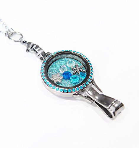 Stainless Steel Floating Locket Lanyard With Badge Holder ( Winter Preset - Blue Rhinestone | Stainless Steel - Twist ) #TOP2