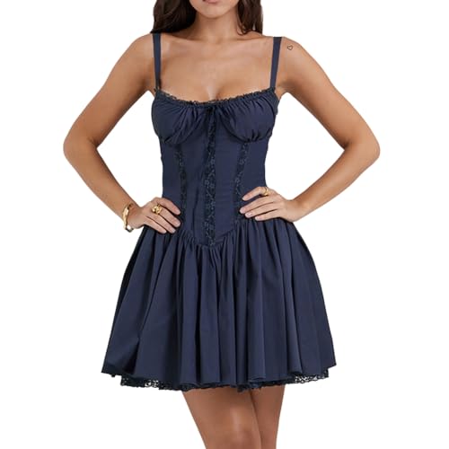 ODIZLI Corset Dress for Women Lace Mini Dress Low Back Dress for Women Open Back Summer Short Dress Y2K Viral Dress Wedding Guest Dresses Spring Spaghetti Straps Sleeveless Dress Navy Blue S