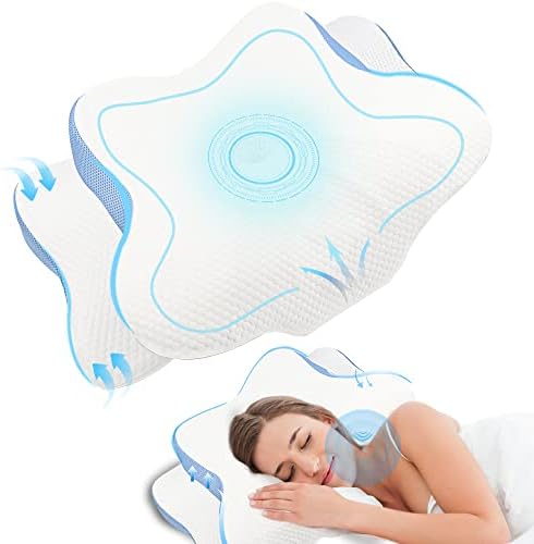 Kyltoor Cervical Pillow, Memory Foam Pillow for Neck Pain Relief, Contoured Support Pillows for Side Back Stomach Sleepers, Side Sleeper Pillow for Neck and Shoulder Pain, Blue White