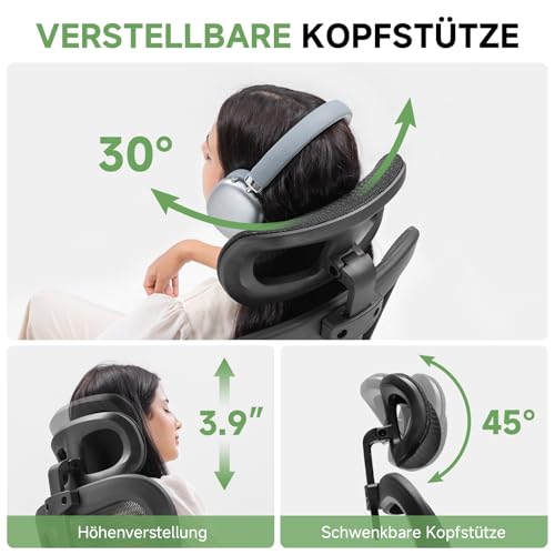 GTPLAYER Bürostuhl Ergonomisch, Schreibtischstuhl mit Verstellbarer Kopfstütze, Armlehnen, Lendenwirbelstütze, Büro Stuhl & Gaming Stuhl Wippfunktion, Chefsessel aus Mesh, 150kg(Schwarz)